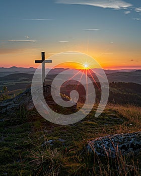 Serene sunrise behind cross, symbol of hope, hilltop vantage point , clean sharp focus photo