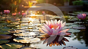 Serene Sunrise: Intricate Lotus Flower in Crystal Clear Waters