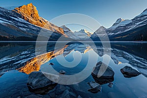 Serene sunrise at mountain lake with snowy peaks reflection