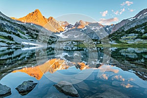 Serene sunrise at mountain lake with snowy peaks reflection