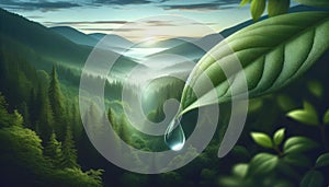 Serene Sunrise Over Misty Forest Valley with Dewdrop on Leaf, AI Generated