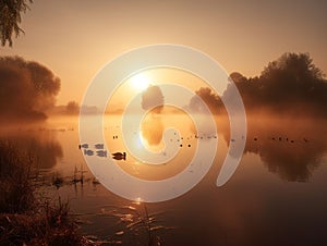 A Serene Sunrise Over the Misty Lake