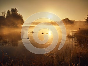 A Serene Sunrise Over the Misty Lake