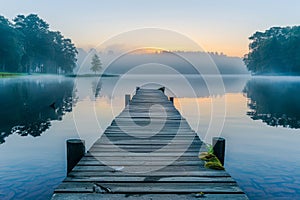 Serene Sunrise Over Misty Lake With Wooden Pier Extending into Calm Waters Against Tranquil Forest Background, Symbol of Peace and