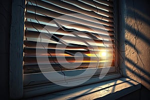 serene sunrise, with rays of sun shining through cracks in the window blinds