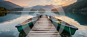 A serene sunrise reflects on a calm lake with two canoes docked on a wooden pier, inviting a peaceful morning paddle in