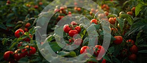 A serene sunset bathes a sprawling field of ripe tomatoes in a warm, golden light.