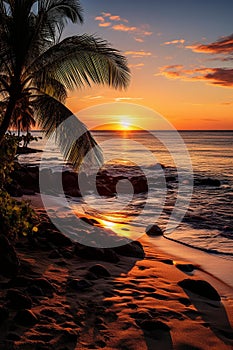 Serene Sunset Beach: Palm Trees, Golden Sands, and Calm Waves