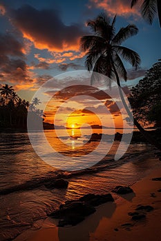 Serene Sunset Beach: Palm Trees, Golden Sands, and Calm Waves