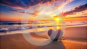 Serene sunset beach scene with a heart-shaped stone. Generative AI