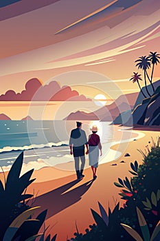 Serene Sunset Beach Walk - Romantic Couple Strolling by the Sea photo