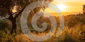 Serene sunset behind a silhouetted tree in a tranquil field. peaceful nature scene with warm evening light. landscape