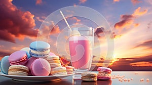 Serene sunset with colorful macarons and a pink milkshake - layered beverage, banner, copy space