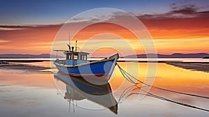 A Serene Sunset Embraces a Fishing Boat amidst Low Tide. Generative AI