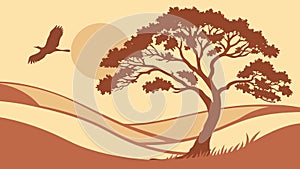 Serene Sunset Landscape with Tree and Bird, vector design Generative AI