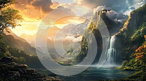 Serene Sunset Landscape with Waterfall and Mountains