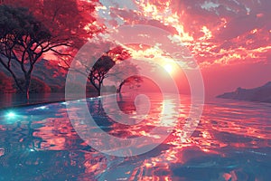 Serene sunset over a calm lake with red-leafed trees, ideal for peaceful and scenic backgrounds.