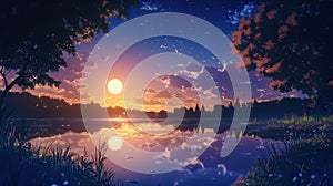 Serene sunset over calm lake reflected in water, trees, sky