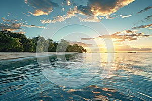 A serene sunset over calm ocean waters viewed from a sandy tropical beach with lush trees and dramatic clouds