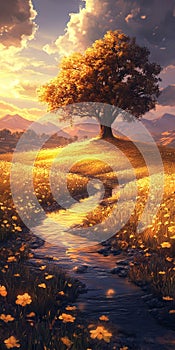 Serene Sunset Over Glowing Meadow and Majestic Tree Landscape