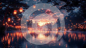 serene sunset over lake, illuminated by floating lanterns and fireworks