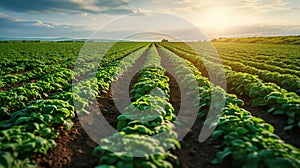 Serene Sunset over Lush Green Potato Fields: Nature s Beauty in Agriculture