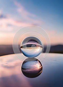 A serene sunset over mountains, reflected in a crystal ball and water, with vibrant hues