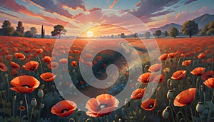 Serene sunset over red poppy field, vibrant nature art, peaceful landscape, Generative AI