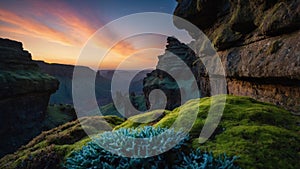 Majestic Sunset over Mossy Cliffs and Deep Valley
