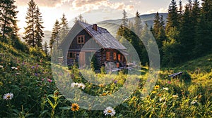 Serene Sunset Over A Rustic Cabin In The Lush Mountain Forest
