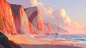 Serene Sunset Over Sandy Beach And Red Cliffs