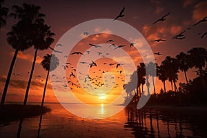 Serene sunset over the sea and palm trees., generative IA