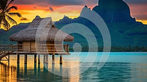 Serene Sunset Over Tiki Huts on Turquoise Ocean