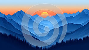 a serene landscape of blue mountains at sunset, with a gradient sky and silhouetted trees creating a peaceful and scenic vista