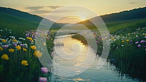 Serene sunset over wildflower meadow in a tranquil valley scene photo