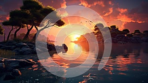 Serene Sunset: Realistic Landscape With Fantasy Elements