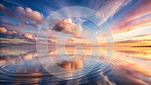 Serene sunset reflection calm waters mirror a vibrant sky with pastel clouds at eventide. Generative AI photo