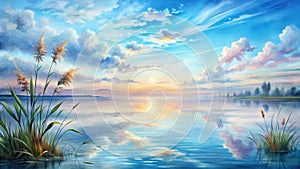 Serene sunset reflection tranquil water, lush reeds, and a peaceful sky at eventide. Generative AI photo