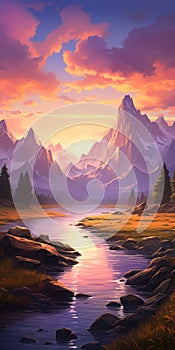 Serene Sunset River With Majestic Mountains - 2d Game Art By Patrick Brown