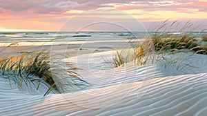 Serene Sunset on Sandy Beach with Graceful Dunes and Sea Grass