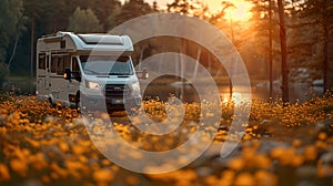 A serene sunset scene with a camper van amidst a field of flowers. travel and adventure. AI