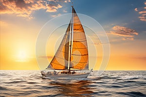 Serene Sunset Scene. A Magnificent Luxury Yacht Embarking on a Journey across the Vast Open Sea