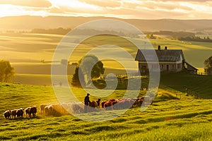 serene sunset scene at a rural farmhouse with a flock of sheep and a herder, showcasing a warm golden light over rolling