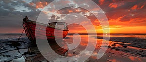 Serene Sunset: Solitude Boat at Low Tide. Concept Sunset Reflections, Low Tide Beauty, Solitude Moments, Boat Silhouette, Calm