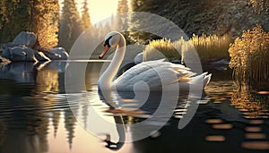 Serene sunset with swans in the water
