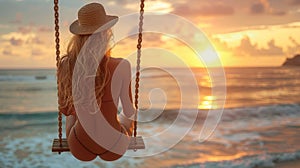 Serene Sunset Swing: Woman Enjoying Freedom by the Sea