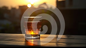 Serene Sunset Tea Time , Glass on Wooden Bench with City Silhouette