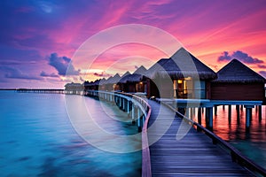 A serene sunset view of a dock leading to a picturesque row of huts, Water villas on Maldives resort island in the sunset, AI