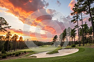 Golf course at sunset with sand trap and pine trees