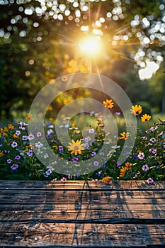 Serene Sunset View Over Blooming Wildflowers from Wooden Deck in Picturesque Park Setting